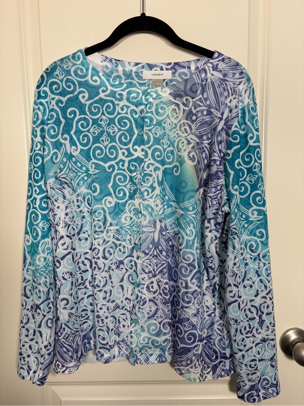 CJ Banks Teal and Blue Printed Long Sleeve Sweater
